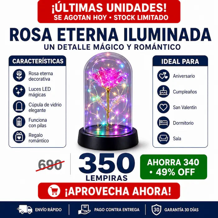 Rosa Eterna Iluminada en Cúpula de Vidrio con Luces LED — El Regalo Mágico que Dura para Siempre