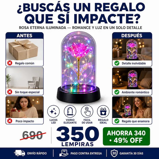 Rosa Eterna Iluminada en Cúpula de Vidrio con Luces LED — El Regalo Mágico que Dura para Siempre