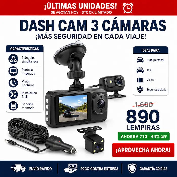 Dash Cam 3 Cámaras para Auto (Frontal + Interior + Trasera) — Protección Total al Volante