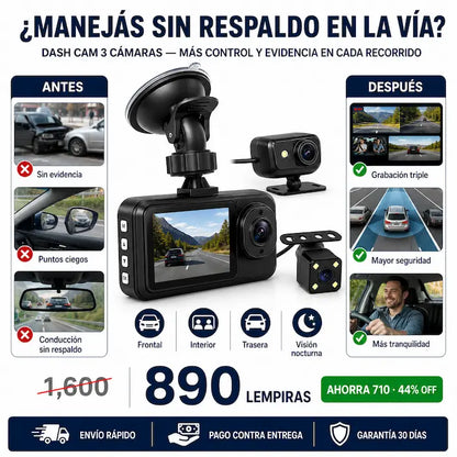 Dash Cam 3 Cámaras para Auto (Frontal + Interior + Trasera) — Protección Total al Volante