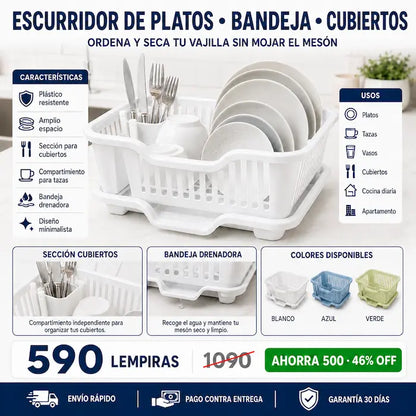 Escurridor de Platos con Bandeja Drenadora — Cocina Ordenada, Mesón Seco y Vajilla en su Lugar