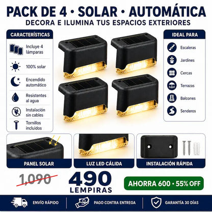 Pack de 4 Lámparas Solares LED Decorativas para Exterior — Iluminá Escaleras, Patios y Cercas Sin Cables