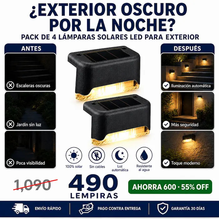 Pack de 4 Lámparas Solares LED Decorativas para Exterior — Iluminá Escaleras, Patios y Cercas Sin Cables