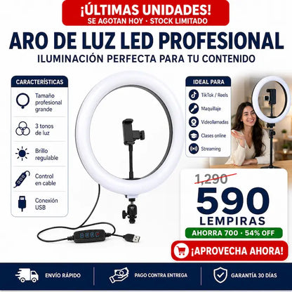 Aro de Luz LED Profesional con Soporte para Celular — Iluminación Pro para TikTok, Maquillaje, Zoom y Más