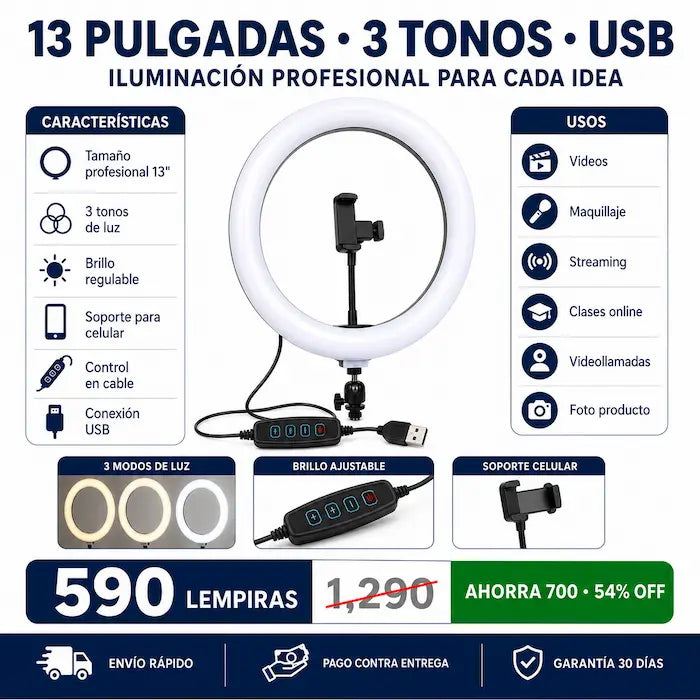 Aro de Luz LED Profesional con Soporte para Celular — Iluminación Pro para TikTok, Maquillaje, Zoom y Más