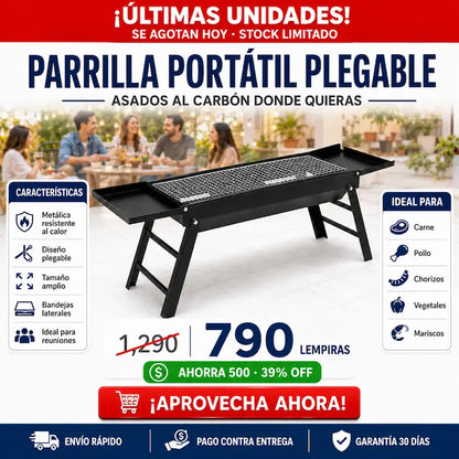 Parrilla Portátil Plegable para Carbón — Asados en Casa, Playa, Río y Finca
