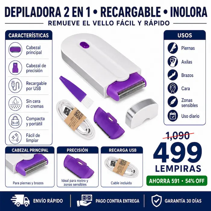 Depiladora Eléctrica Recargable Indolora 2 en 1 — Piel Suave Sin Dolor, Sin Cera y Sin Salón