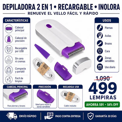 Depiladora Eléctrica Recargable Indolora 2 en 1 — Piel Suave Sin Dolor, Sin Cera y Sin Salón