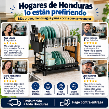 Escurridor de Platos 2 Niveles con Bandeja Drenadora — Doble Capacidad, Acabado Premium