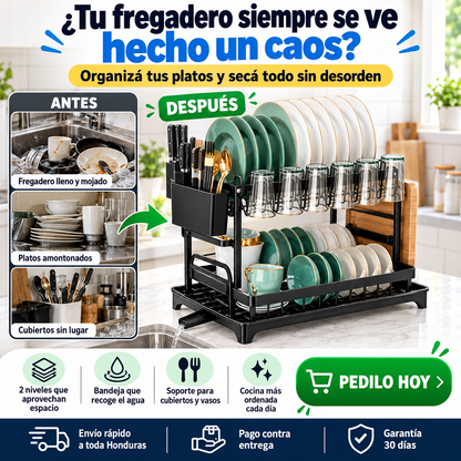 Escurridor de Platos 2 Niveles con Bandeja Drenadora — Doble Capacidad, Acabado Premium