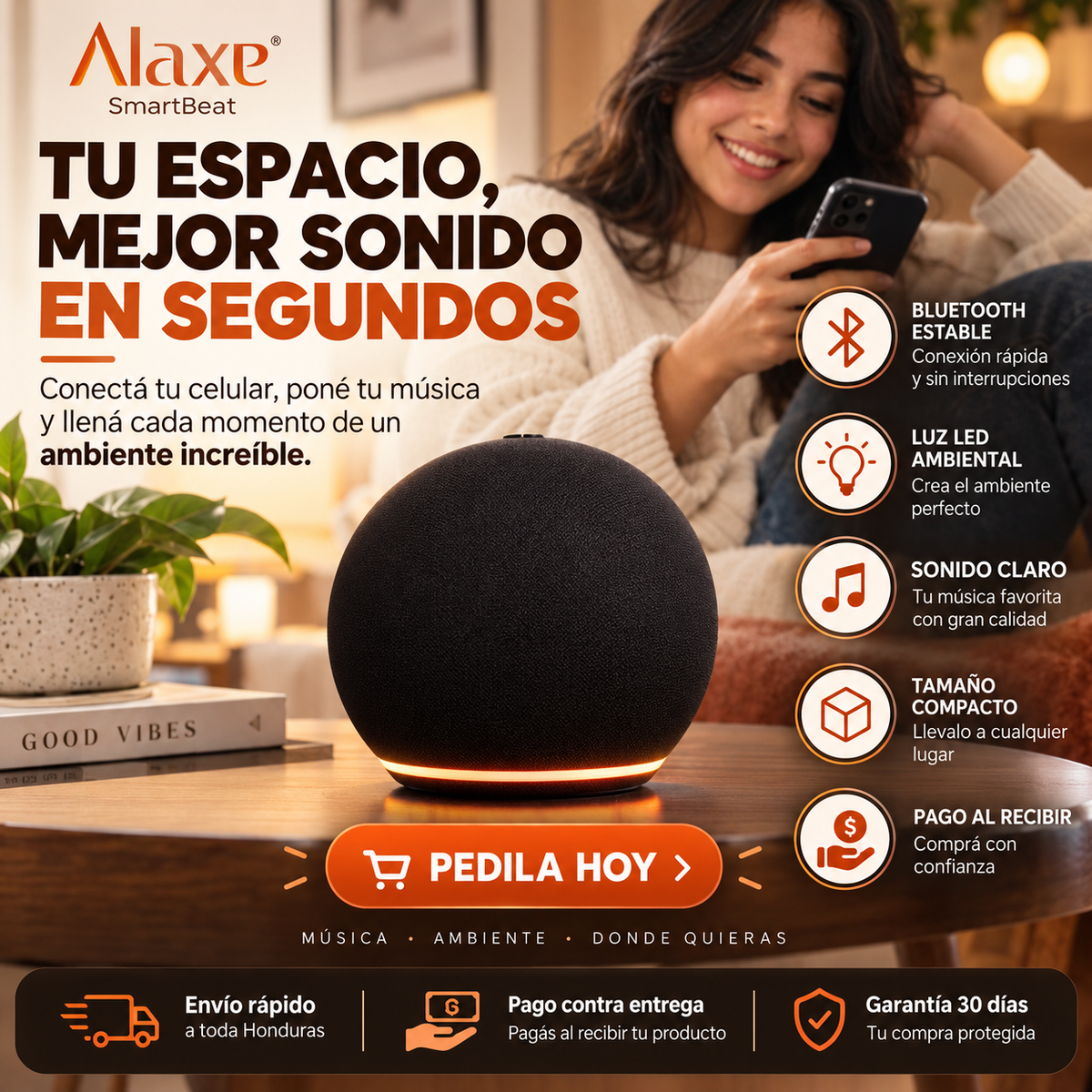 Alaxe SmartBeat™ | Bocina Bluetooth con Luz LED + Pago al Recibir + Garantía