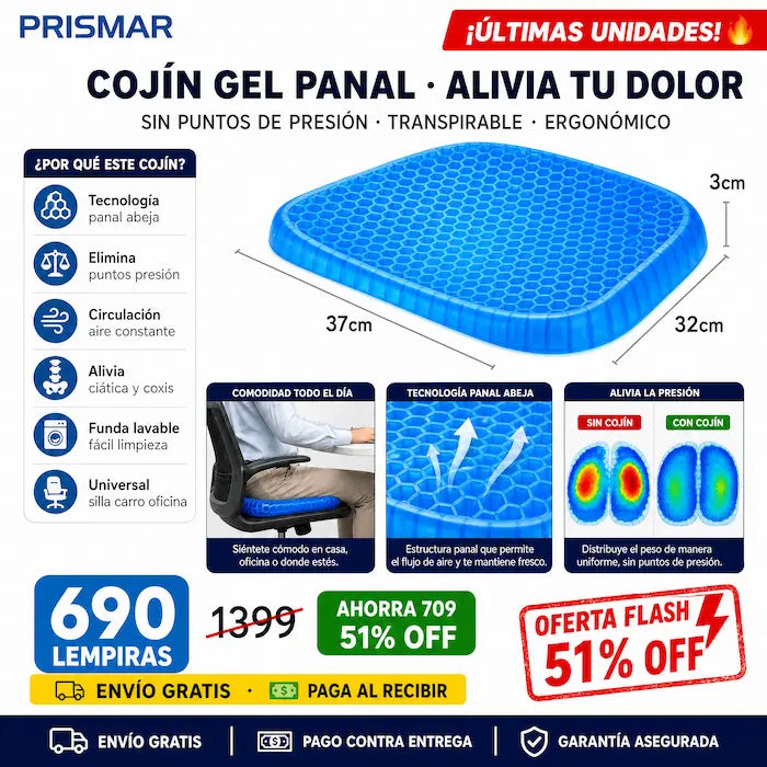 💺 Cojín de Gel Panal — ¡Adiós al Dolor de Espalda al Sentarte!