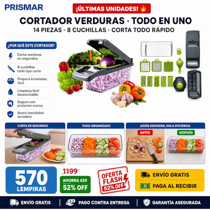🥦🔪 Cortadora de Verduras 14 en 1 — 8 Cuchillas de Acero | Sin Llorar Picando Cebolla | Todo en Minutos ⚡✨