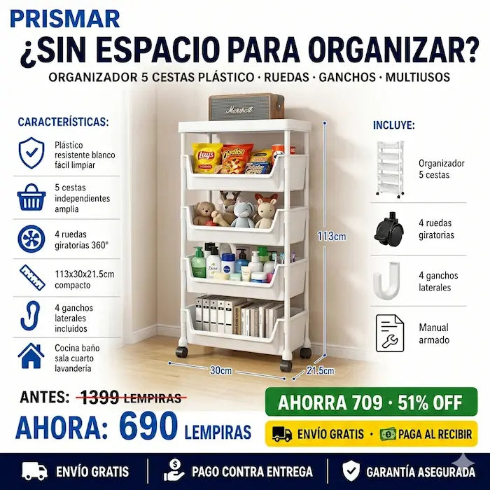 🛒🤍 Carrito Organizador Plástico Blanco 5 Niveles con Ruedas — 113cm | 4 Ganchos Incluidos | Multiusos 🏠✨