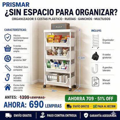 🛒🤍 Carrito Organizador Plástico Blanco 5 Niveles con Ruedas — 113cm | 4 Ganchos Incluidos | Multiusos 🏠✨