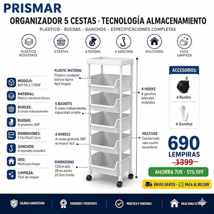 🛒🤍 Carrito Organizador Plástico Blanco 5 Niveles con Ruedas — 113cm | 4 Ganchos Incluidos | Multiusos 🏠✨