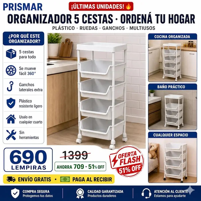 🛒🤍 Carrito Organizador Plástico Blanco 5 Niveles con Ruedas — 113cm | 4 Ganchos Incluidos | Multiusos 🏠✨