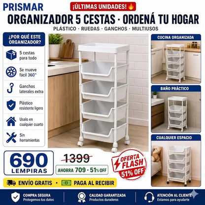 🛒🤍 Carrito Organizador Plástico Blanco 5 Niveles con Ruedas — 113cm | 4 Ganchos Incluidos | Multiusos 🏠✨