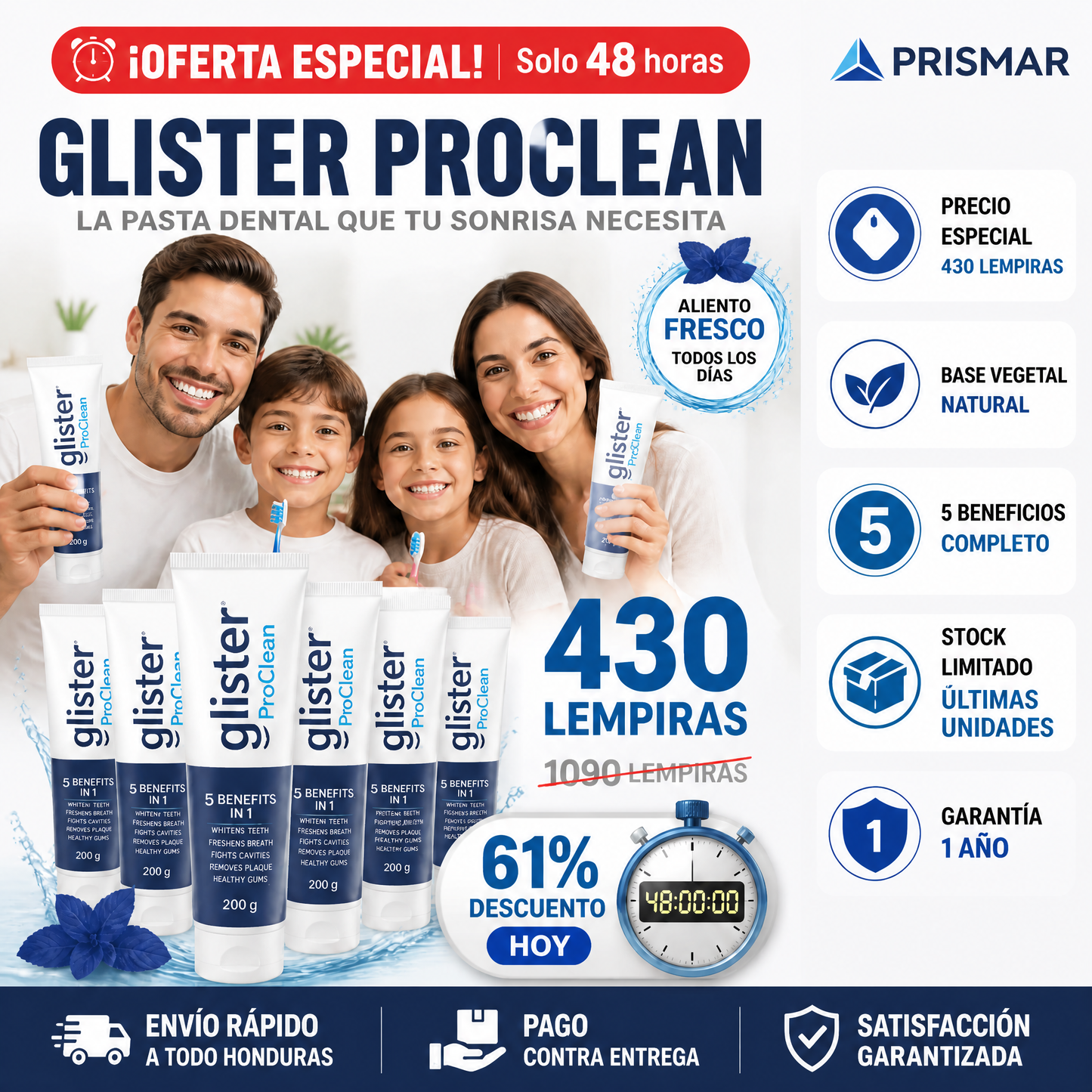 Glister ProClean – Pasta Dental Multiacción Blanqueamiento Total Natural con Garantia y Certificacion