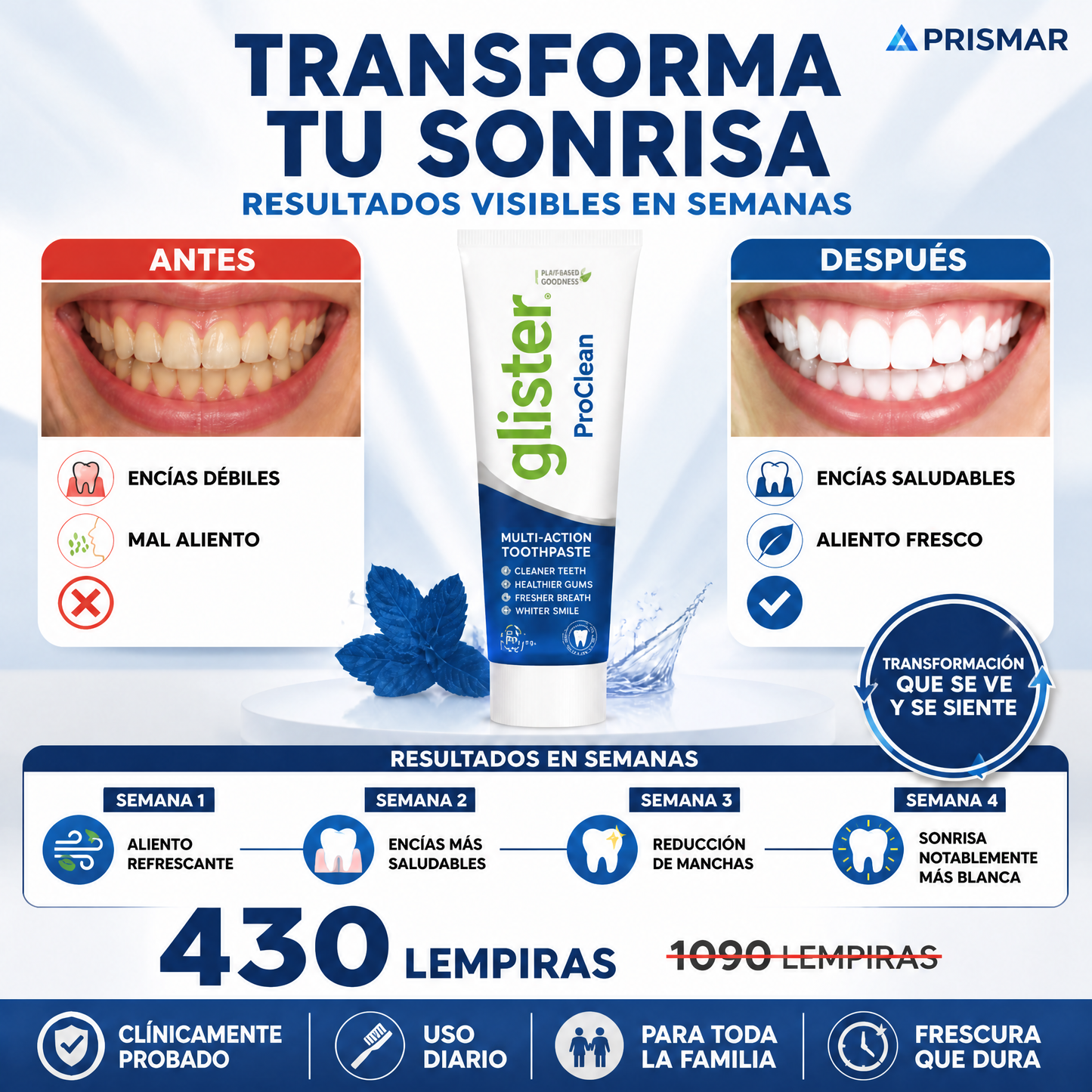 Glister ProClean – Pasta Dental Multiacción Blanqueamiento Total Natural con Garantia y Certificacion