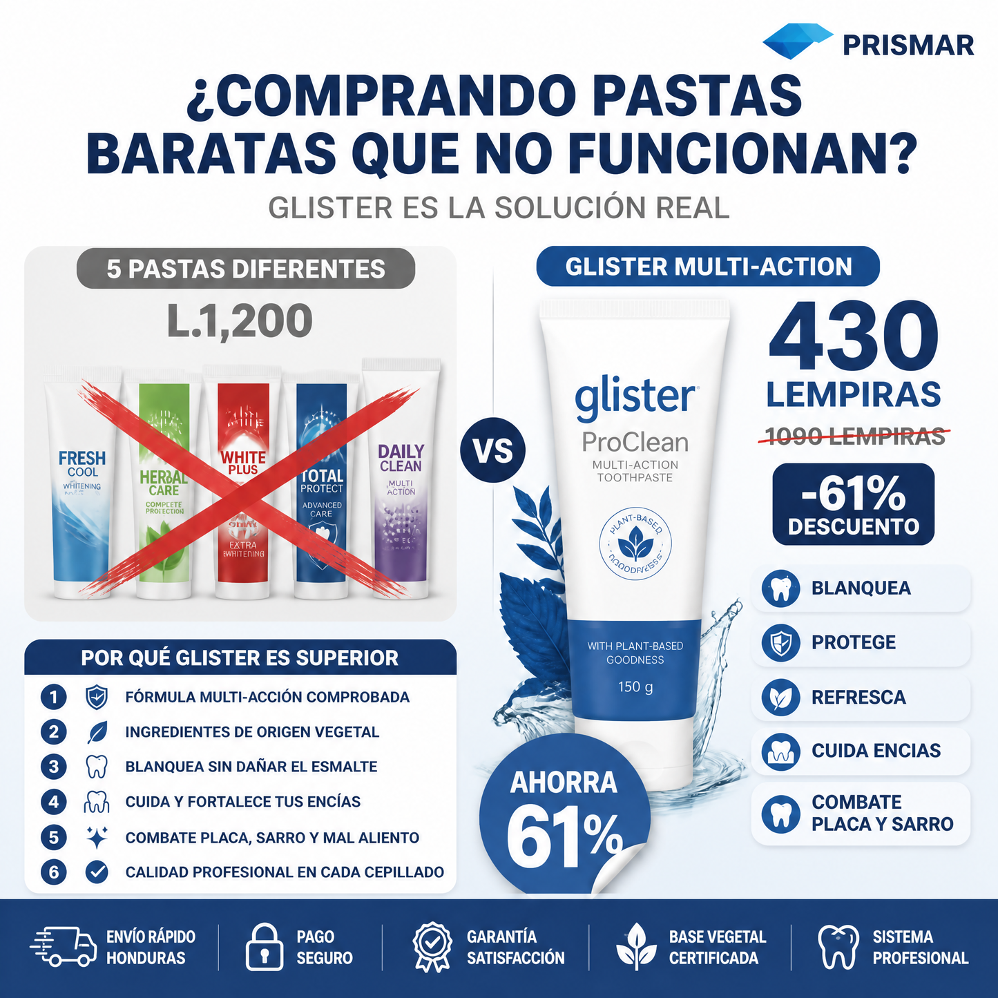 Glister ProClean – Pasta Dental Multiacción Blanqueamiento Total Natural con Garantia y Certificacion
