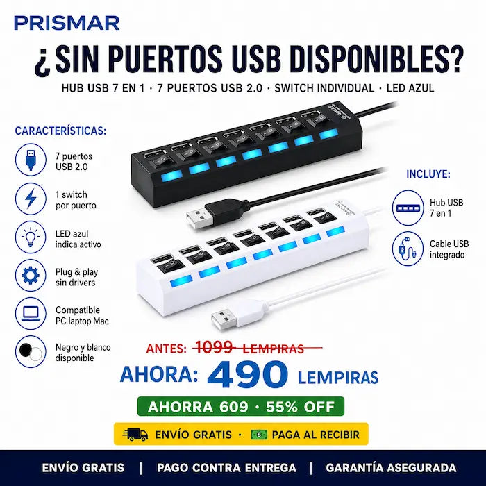 💻⚡ Hub USB 7 en 1 con Switch Individual — LED Azul | Plug & Play | Negro o Blanco 🖥️✅