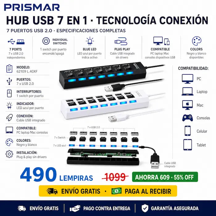 💻⚡ Hub USB 7 en 1 con Switch Individual — LED Azul | Plug & Play | Negro o Blanco 🖥️✅