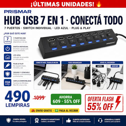 💻⚡ Hub USB 7 en 1 con Switch Individual — LED Azul | Plug & Play | Negro o Blanco 🖥️✅