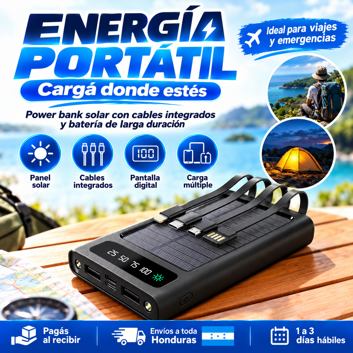 Power Bank Solar 20,000mAh — 4 Cables Integrados | Carga Rápida
