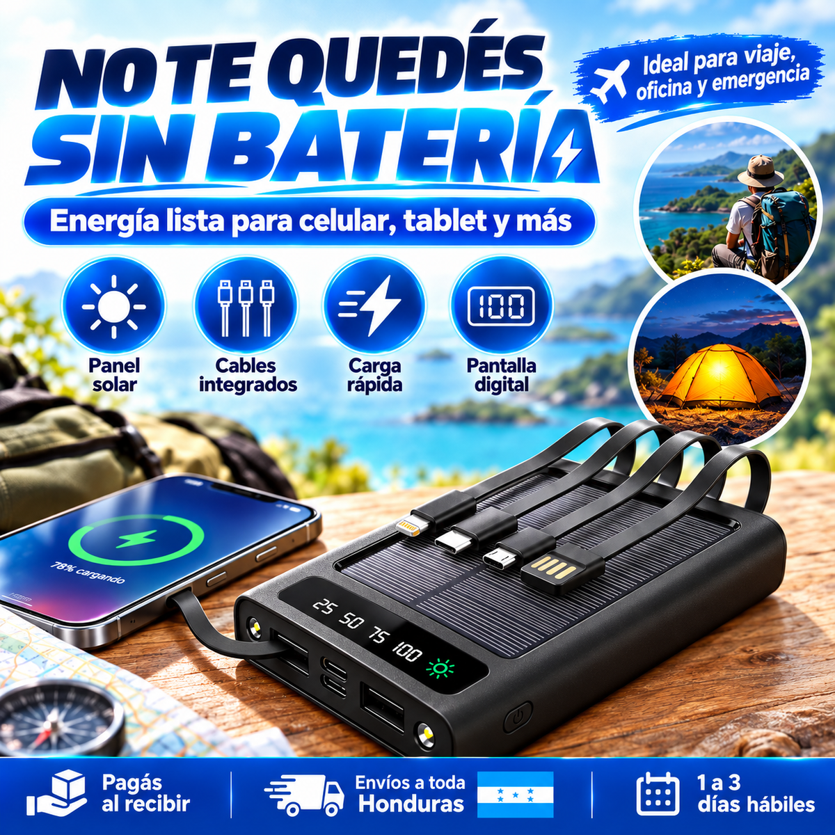 Power Bank Solar 20,000mAh — 4 Cables Integrados | Carga Rápida