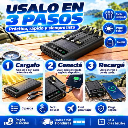 Power Bank Solar 20,000mAh — 4 Cables Integrados | Carga Rápida