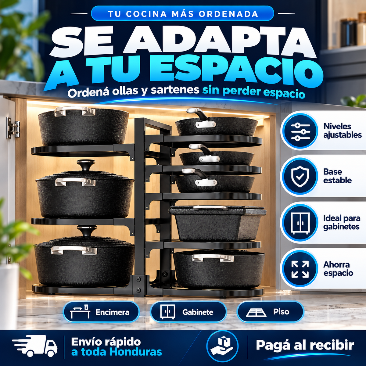 Organizador ajustable de ollas y sartenes de servicio