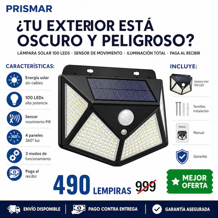Lámpara Solar de Pared 100 LEDs con Sensor de Movimiento — Sin Cables