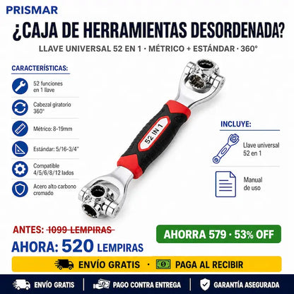 🔧💪 Llave Multifuncional 52 en 1 — Cabezal Giratorio 360° | Métrico y Estándar | Acero Alto Carbono ⚙️✨