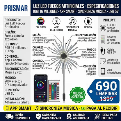 🎆✨ Luces LED Fuegos Artificiales RGB — App + Control Remoto | Sincronización con Música | 200+ Modos 🌈🎵