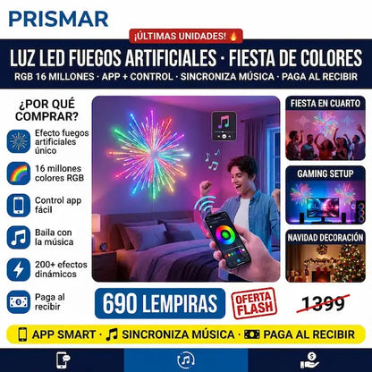 🎆✨ Luces LED Fuegos Artificiales RGB — App + Control Remoto | Sincronización con Música | 200+ Modos 🌈🎵