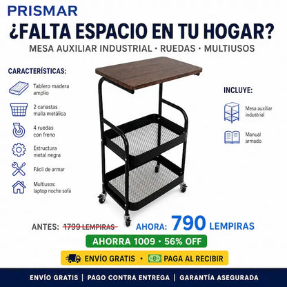🛋️ Mesa Auxiliar Industrial con Ruedas — ¡El Mueble que Va Donde Vos Vas!