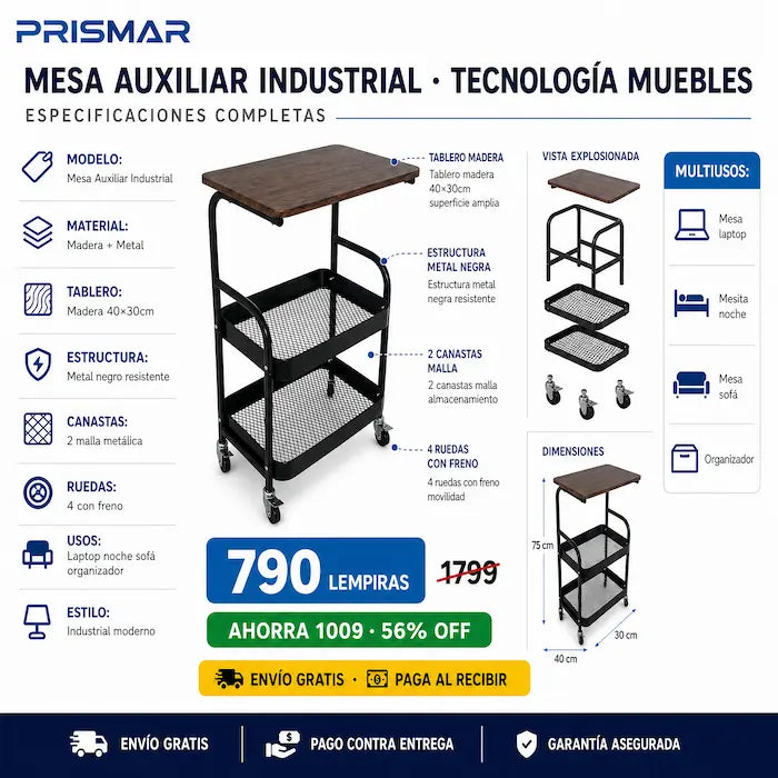 🛋️ Mesa Auxiliar Industrial con Ruedas — ¡El Mueble que Va Donde Vos Vas!