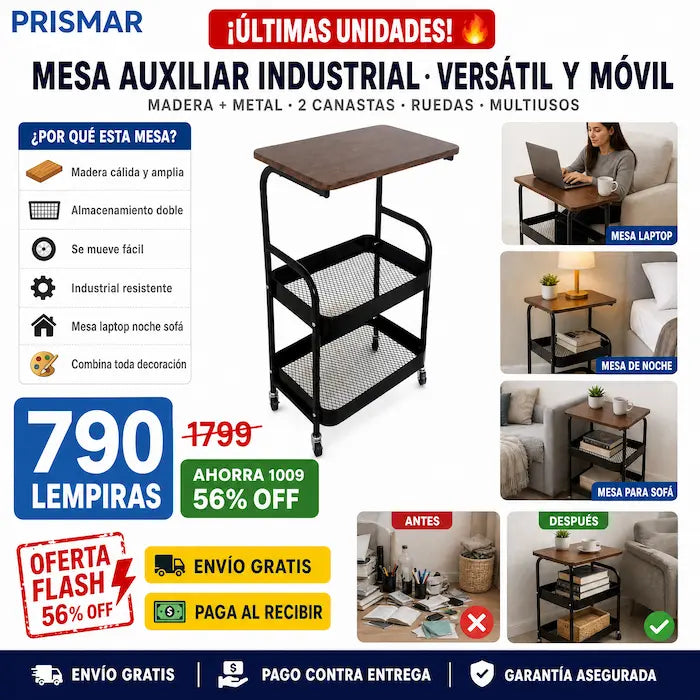 🛋️ Mesa Auxiliar Industrial con Ruedas — ¡El Mueble que Va Donde Vos Vas!