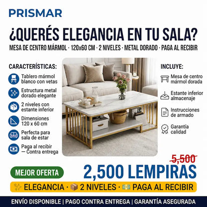 🪨✨ Mesa de Centro Efecto Mármol con Estructura Dorada | 2 Niveles | Estilo Lujoso 🏠💛