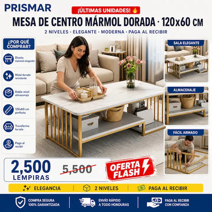 🪨✨ Mesa de Centro Efecto Mármol con Estructura Dorada | 2 Niveles | Estilo Lujoso 🏠💛