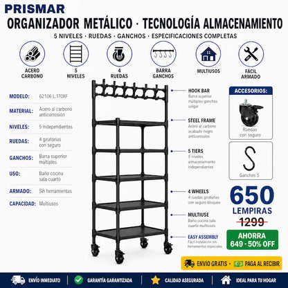🚿🖤 Organizador de Baño Metal Negro 5 Niveles con Ruedas — Ganchos Superiores | No Oxida | Multiusos 🏠✨