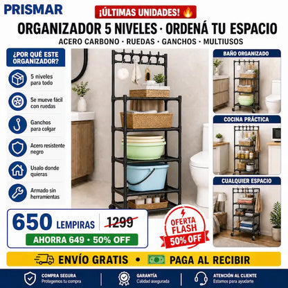 🚿🖤 Organizador de Baño Metal Negro 5 Niveles con Ruedas — Ganchos Superiores | No Oxida | Multiusos 🏠✨