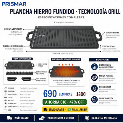 🔥 Plancha Grill de Hierro Fundido — ¡Cocinás como Parrillero Profesional en Casa!
