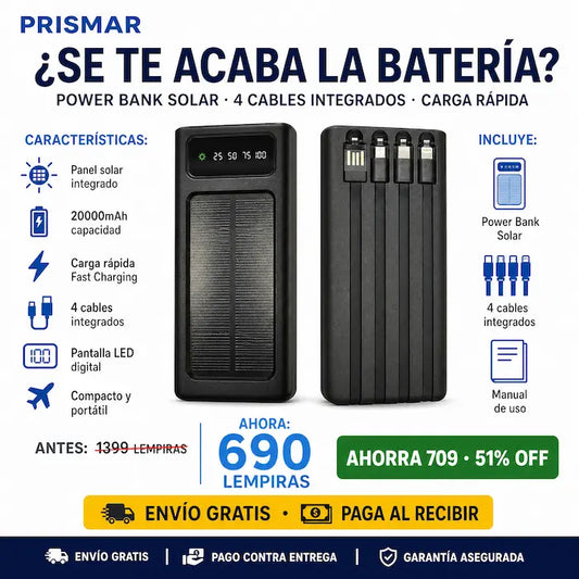 🔋☀️ Power Bank Solar 20,000mAh — 4 Cables Integrados | Carga Rápida | Pantalla LED | Envío Gratis 🚀⚡