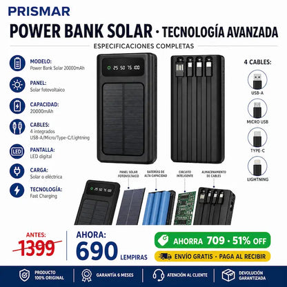 🔋☀️ Power Bank Solar 20,000mAh — 4 Cables Integrados | Carga Rápida | Pantalla LED | Envío Gratis 🚀⚡