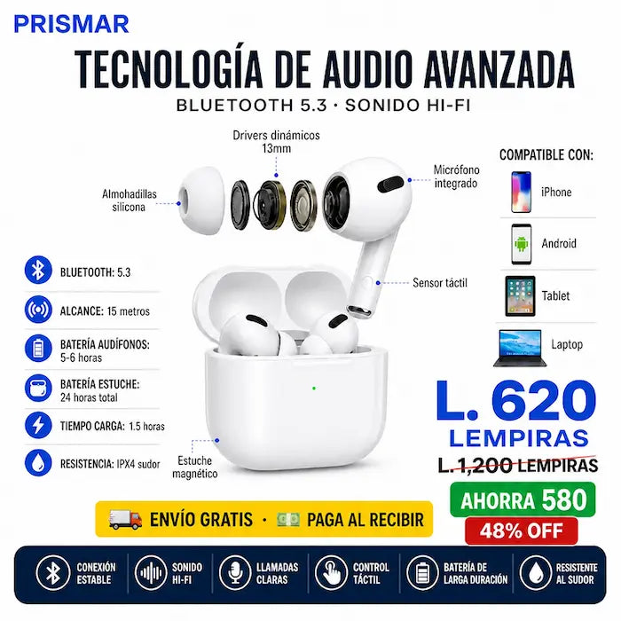 Audífonos Inalámbricos Pro Blancos | Conexión Instantánea | iPhone y Android - imagen 3