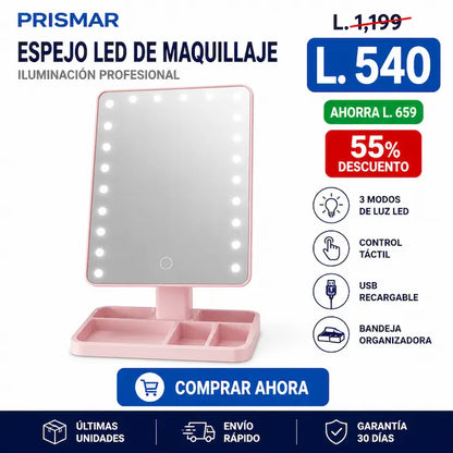 Espejo de Maquillaje LED USB RECARGABLE – Luz Ajustable 3 Modos +Garantía y certificado