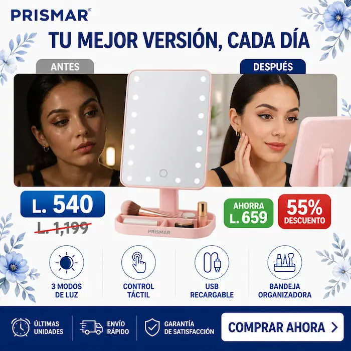 Espejo de Maquillaje LED USB RECARGABLE – Luz Ajustable 3 Modos +Garantía y certificado