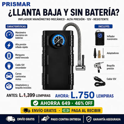 🚗🔵 Bomba de Aire de Alta Presión con Manómetro Mecánico — Sin Baterías | Manguera Metálica | Para Camionetas y 4x4 💪🛞